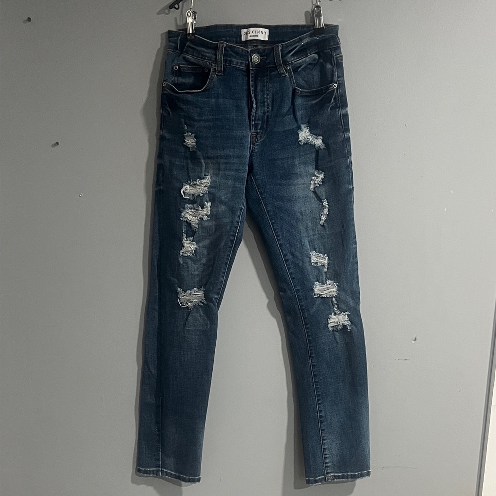 Women's Dark Blue UH Denim Distressed Skinny Jeans - Ripped Detail 28
